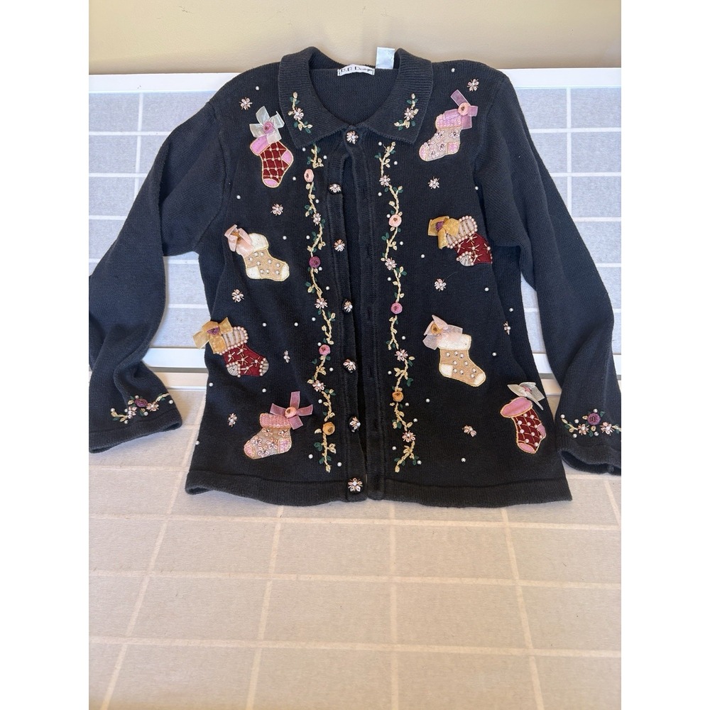 VTG BP Design Black Embroidered Beaded Christmas Cardigan Sweater Stockings Sz M
